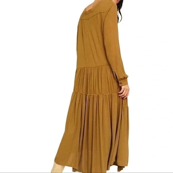 Free People Beach Tan Jilly Drop Waist Long Sleeve Asymmetric Hem Midi Dress - Picture 2 of 6